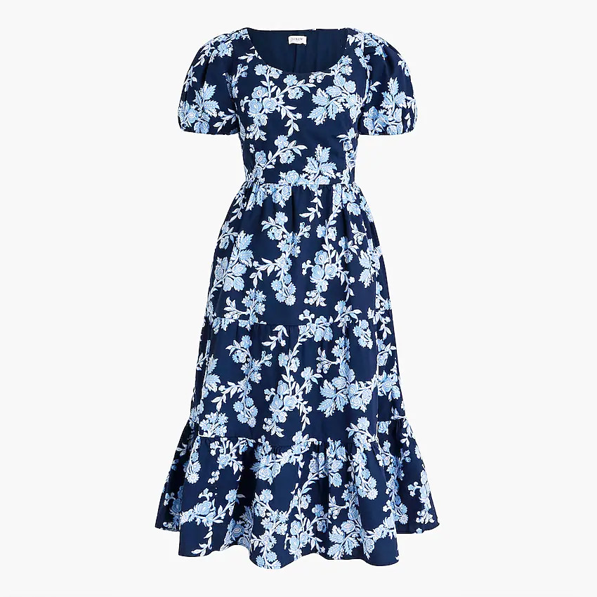Tiered poplin puff-sleeve midi dress | J.Crew Factory