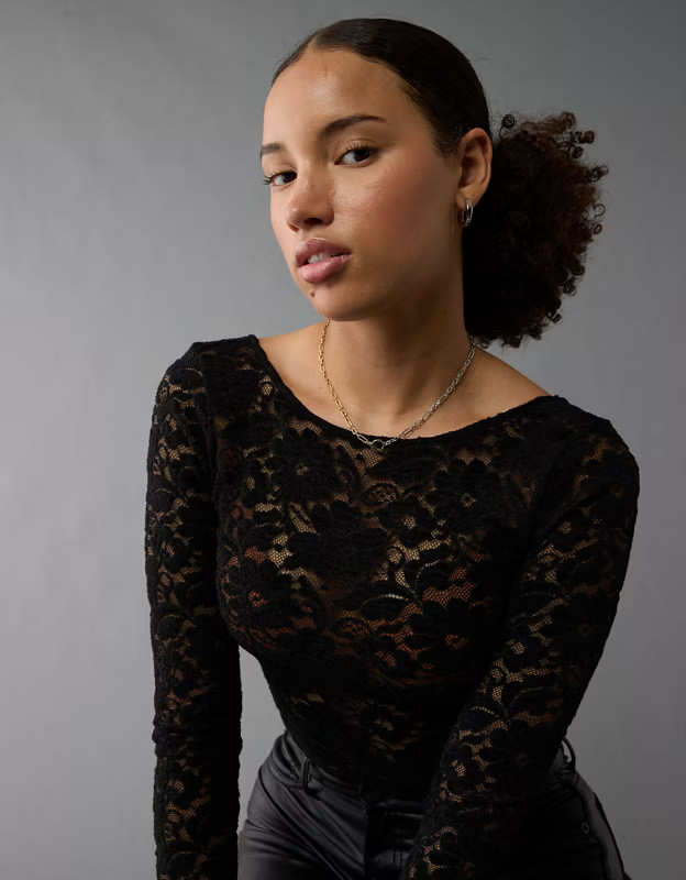 AE Long-Sleeve Low Back Lace Bodysuit | American Eagle Outfitters (US & CA)