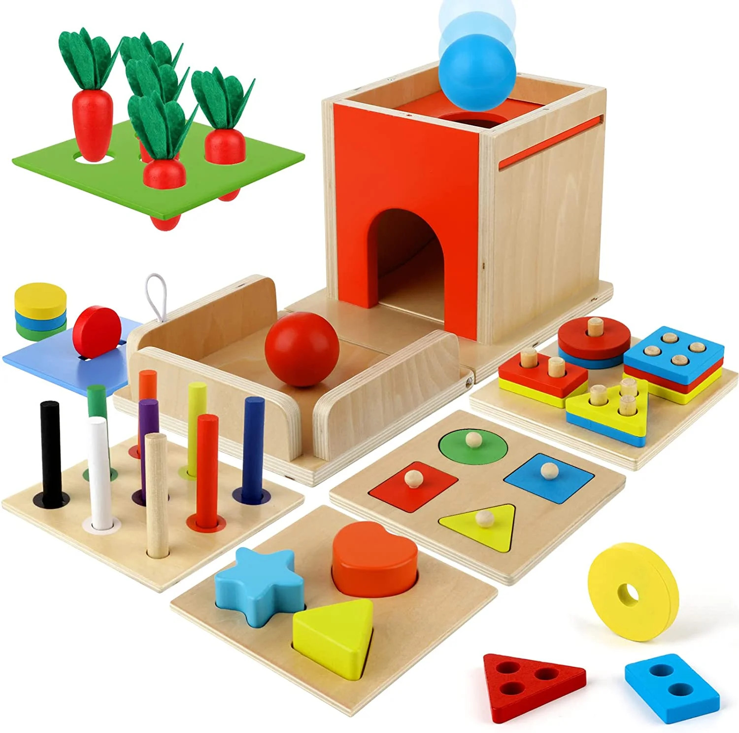 7-in-1 Toddler Montessori Box Wooden Toy for 6-18 Month Baby, Carrot Harvest Game, Matchstick Dro... | Walmart (US)