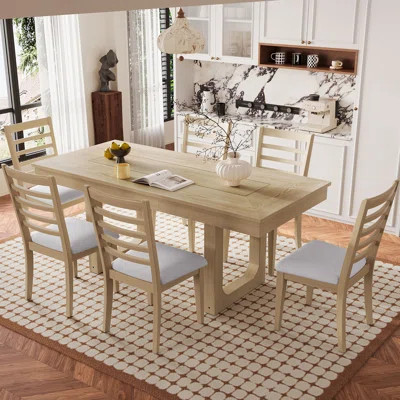 7 Piece Extendable Dining Table Set, Farmhouse Extendable Table with 18" Move Leaf, 78" Rustic Wooden Kitchen Table and 6 piece Upholstered Chairs, Ex | Wayfair North America