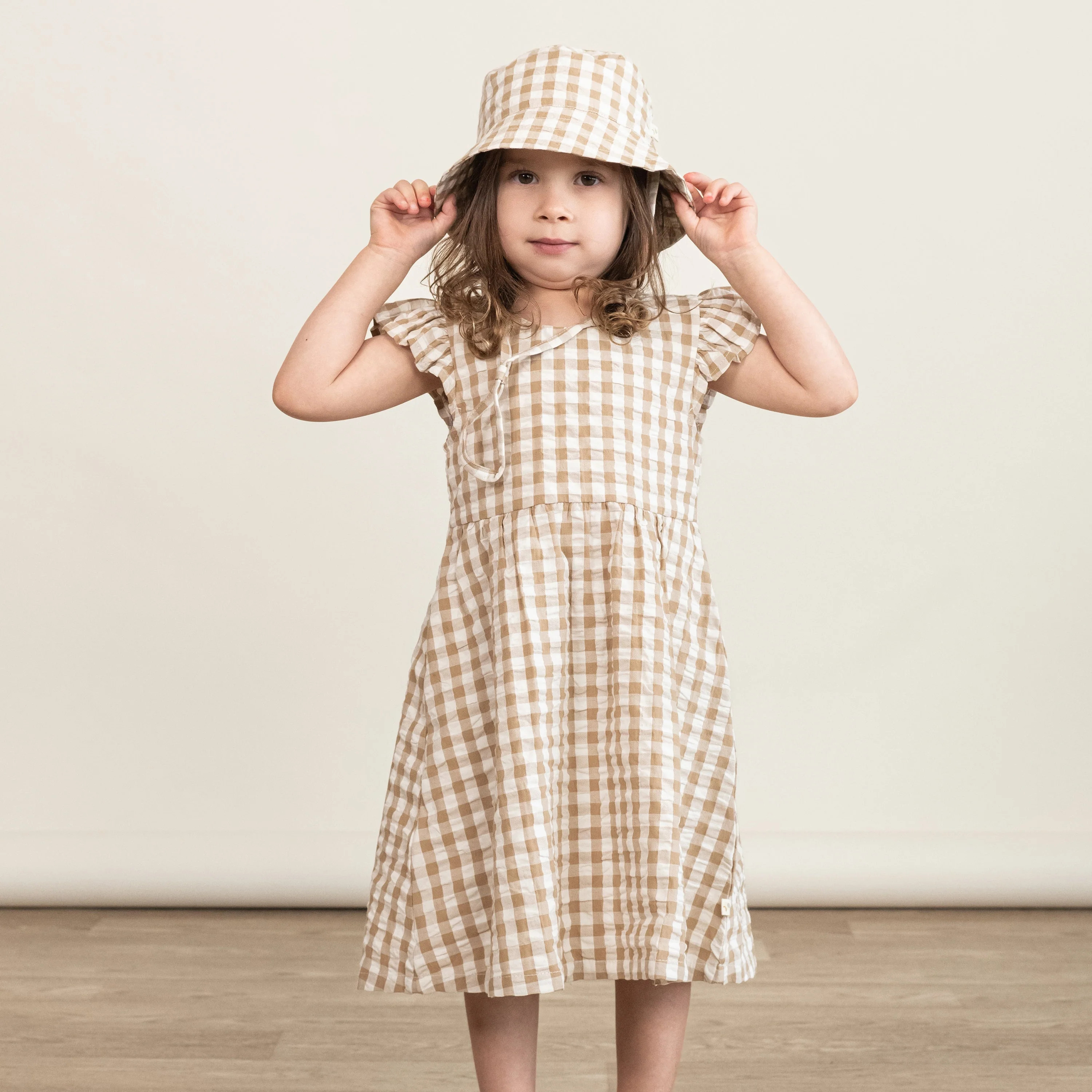 Organic Cotton Flutter Summer Dress- Brown Chequered| Makemake Organics | Makemake Organics