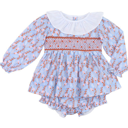 Blue And Orange Floral Smocked Rosette Diaper Set | Cecil and Lou