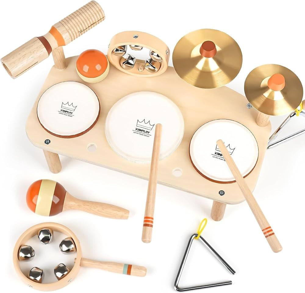 Kids Drum Set - 11 in 1 Wooden Musical Instruments for Toddlers 1-3, Montessori Toys for Baby Boy... | Amazon (US)