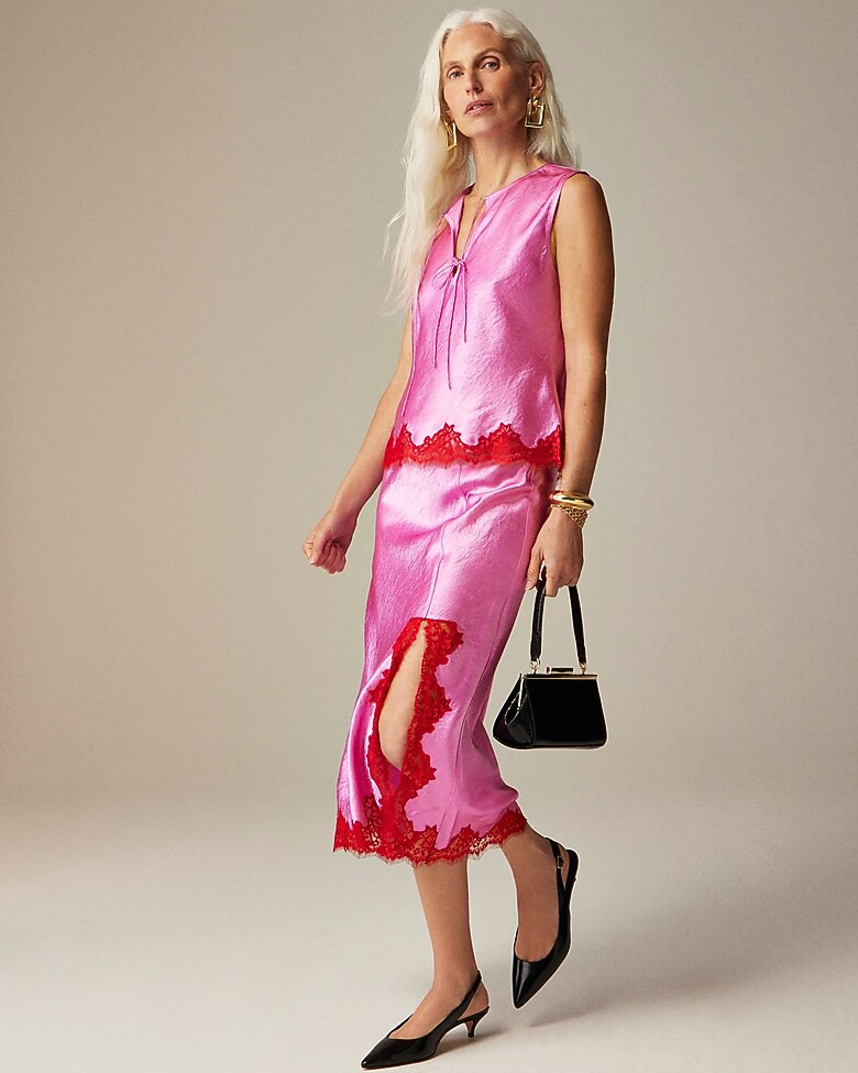 Gwyneth lace-trim slip skirt in textured satin | J. Crew US