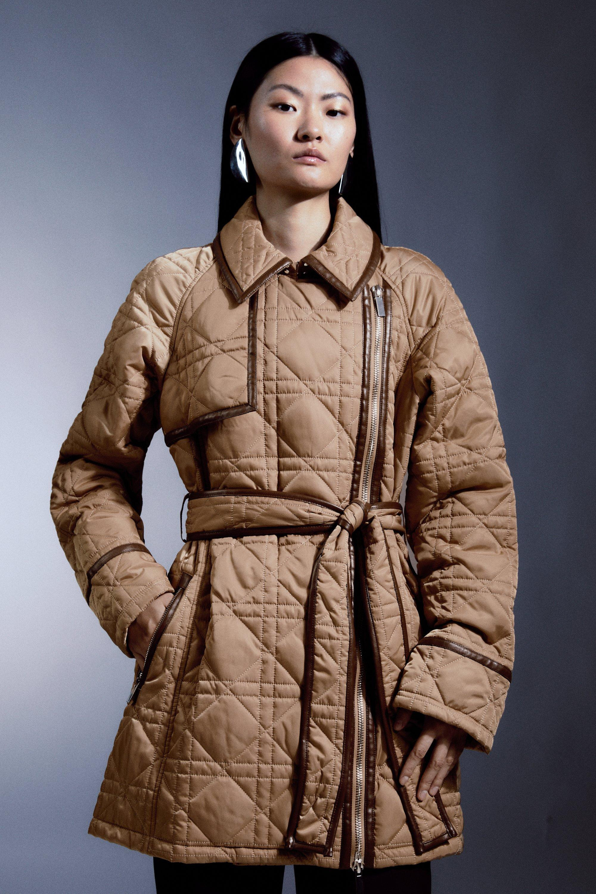 Diamond Quilt Contrast Binding Belted Short Coat | Karen Millen UK + IE + DE + NL