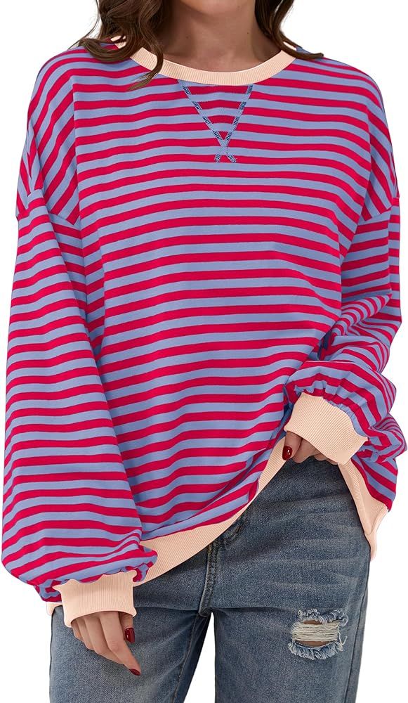 TERIVEEK Women Oversized Striped Color Block Long Sleeve Crew Neck Sweatshirt Casual Loose Pullov... | Amazon (US)