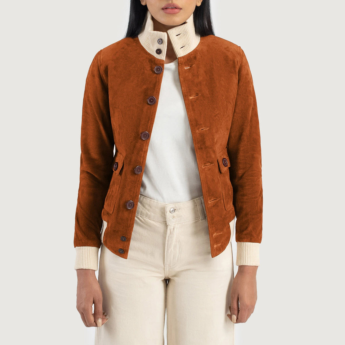 Women's Sasha A1 Brown Suede Bomber Jacket | The Jacket Maker
