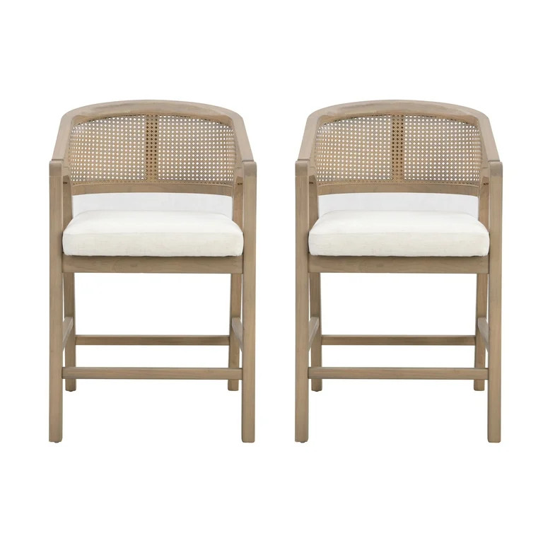 Christopher Knight Home Mid-Century Modern 24" Counter Stools, Cane Backs, Solid Wood, Beige+Ligh... | Walmart (US)