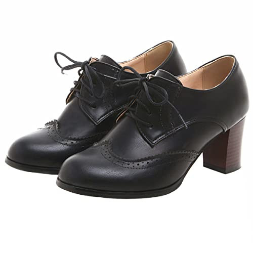 SHEMEE Women's Chunky High Heels Wingtip Oxfords Round Toe Lace Up Stacked Block Heel Vintage Brogues Pumps Shoes(Black,US 9.5) | Amazon (US)