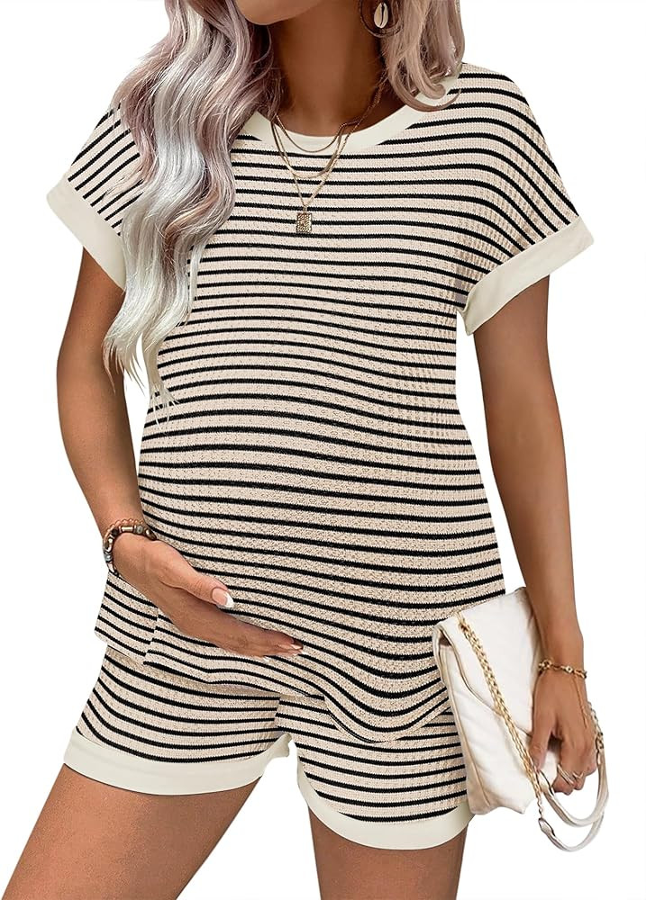 Ekouaer Maternity Pajamas 2 Piece Outfits Waffle Knit Short Sleeve Tops and Shorts Loungewear Set... | Amazon (US)