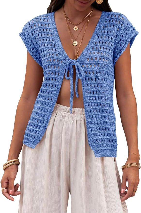 Saodimallsu Womens Tie Crochet Shrug Short Sleeve Open Front Lightweight Knit Cropped Cardigan Sw... | Amazon (US)