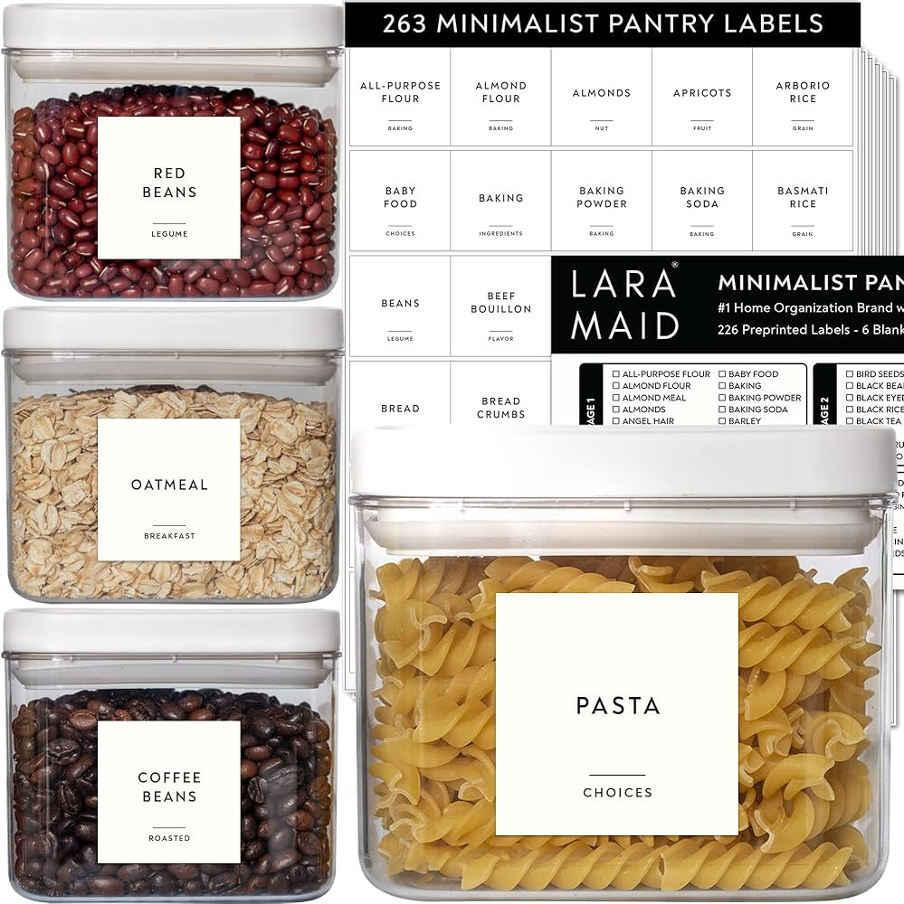 263 Minimalist Pantry Label Set, Black Text on White Vinyl Waterproof Label Sticker with Removabl... | Amazon (US)