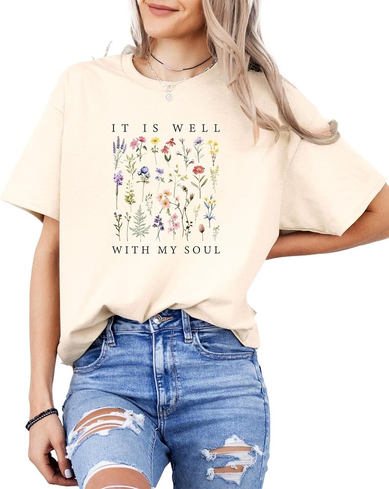 Christian Floral T-Shirt for Women, Faith-Based Short Sleeve Tee, 100% Cotton Inspirational Relig... | Amazon (US)