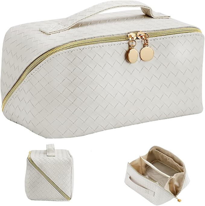 TrueLux Upgrade Woven Leather MakeupBag, Large-Capacity Travel Cosmetic Bag with Handle Divider,P... | Amazon (US)