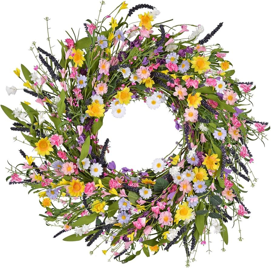 24Inch Artificial Daisy Flower Wreath -Spring Floral Wreath Fake Flower Wreath Spring/Summer Wrea... | Amazon (US)