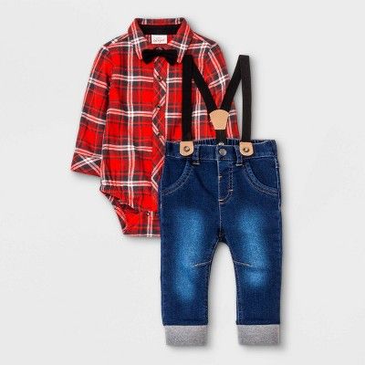 Baby Boys' Family Plaid Top & Bottom Set with Bowtie - Cat & Jack™ Red | Target
