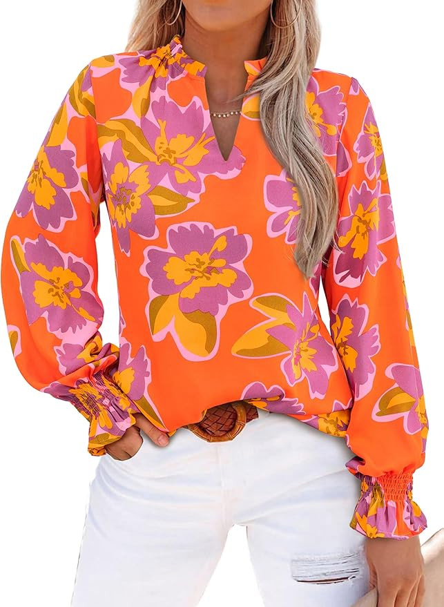 MASCOMODA Womens V Neck Floral Long Sleeve Tops 2025 Summer Casual Loose Puff Sleeve Chiffon Boho... | Amazon (US)