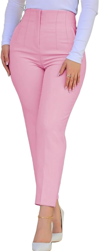 Womens Stretchy High Waisted Pants Trendy Pleated Business Work Trousers with Pockets Straight Le... | Amazon (US)