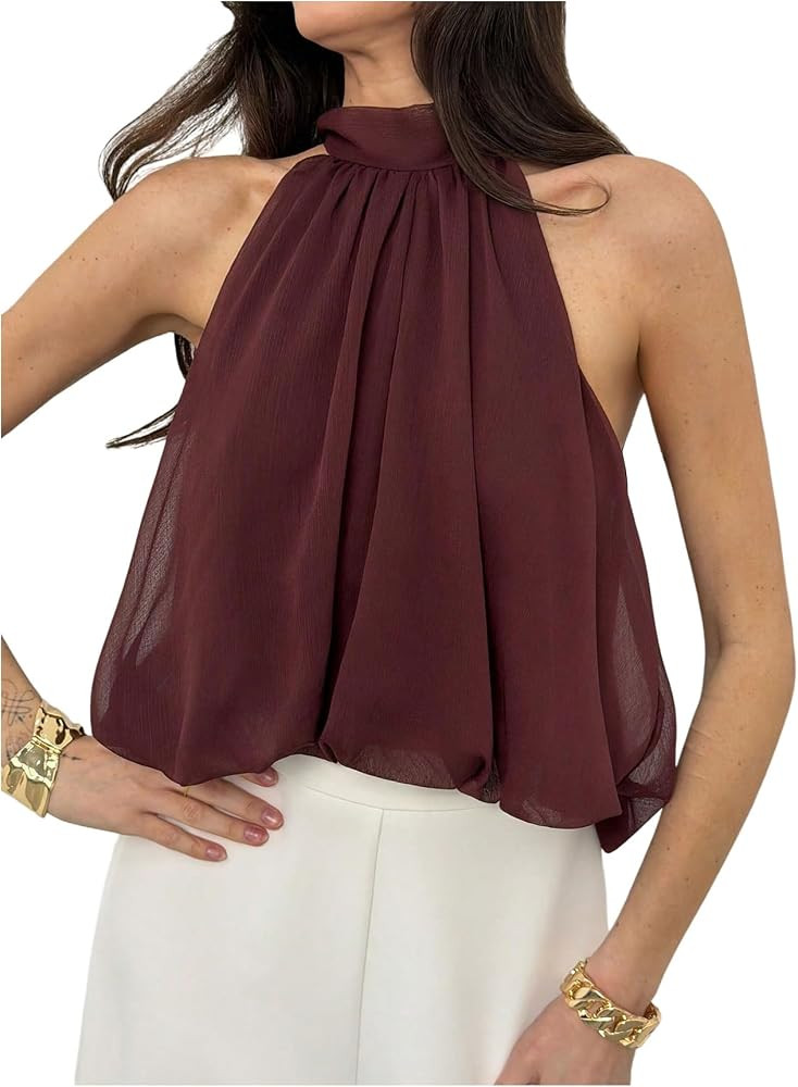 Floerns Women's Elegant Chiffon Halter Tank Top Bowknot Sleeveless Summer Vacation Going Out Part... | Amazon (US)