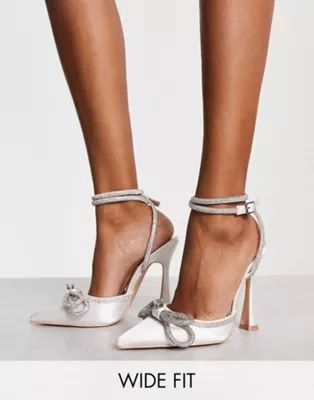 Be Mine Wide Fit Bridal Armela diamante bow heeled shoes in ivory | ASOS (Global)