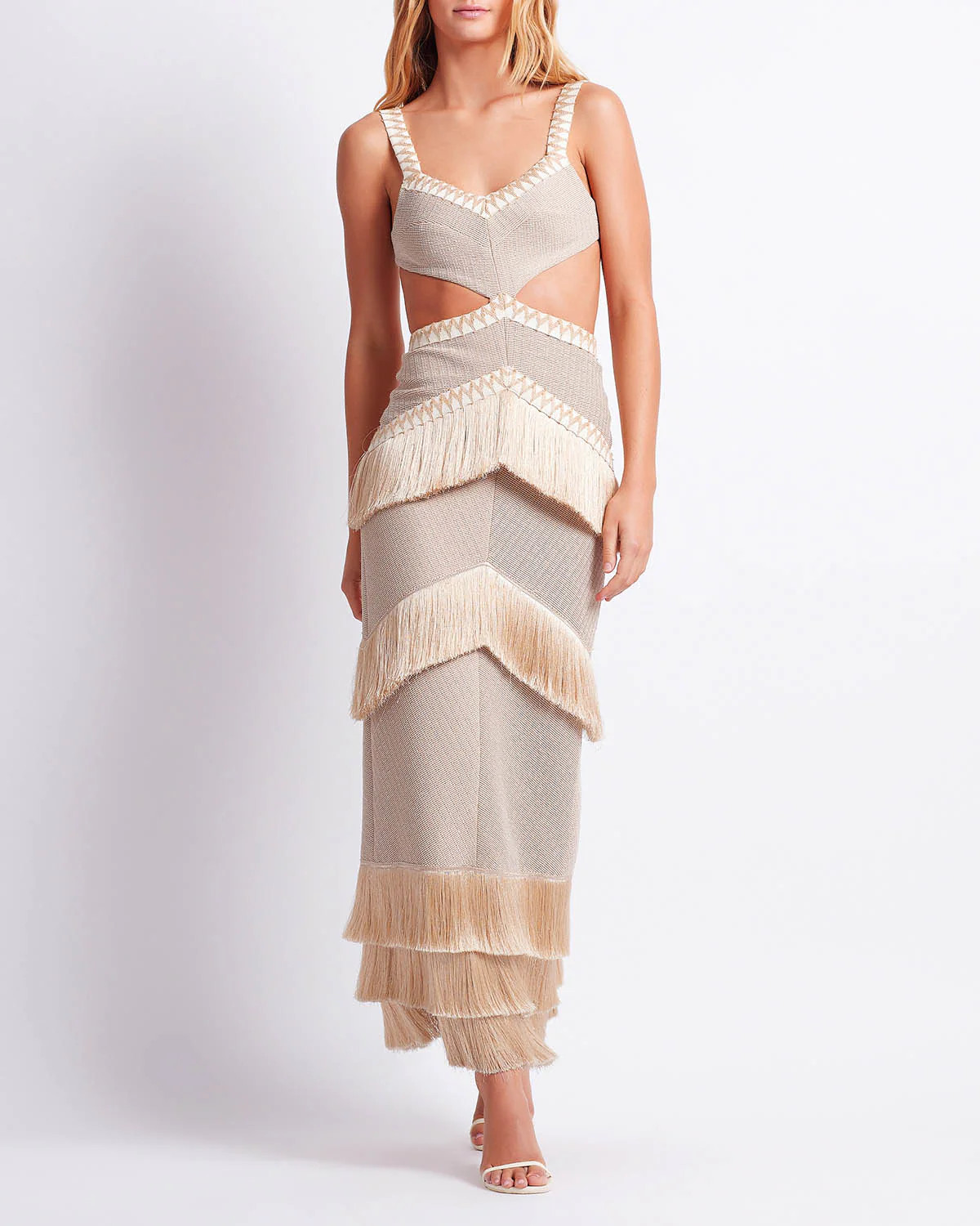 Metallic Knit Maxi Dress with Fringe Trim | PatBO