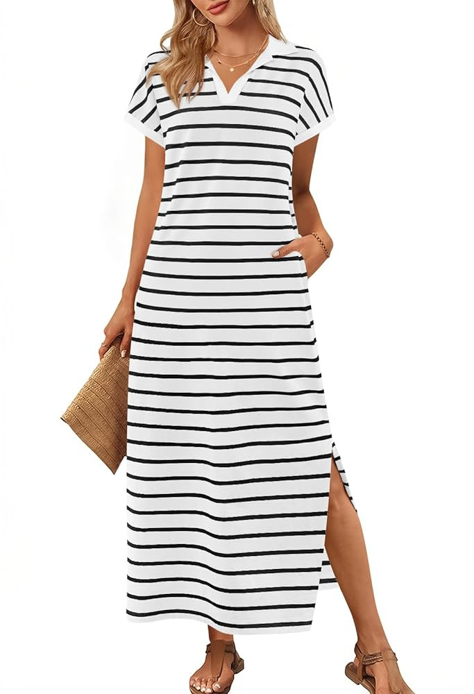 MEROKEETY Women's Summer Striped Short Sleeve Dress V Neck Collared Side Slit Casual Beach Maxi D... | Amazon (US)