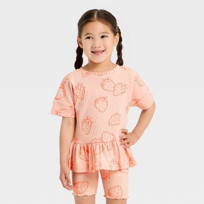 Toddler Girls' Strawberries Pointelle Peplum T-Shirt - Cat & Jack™ Pink 12M | Target