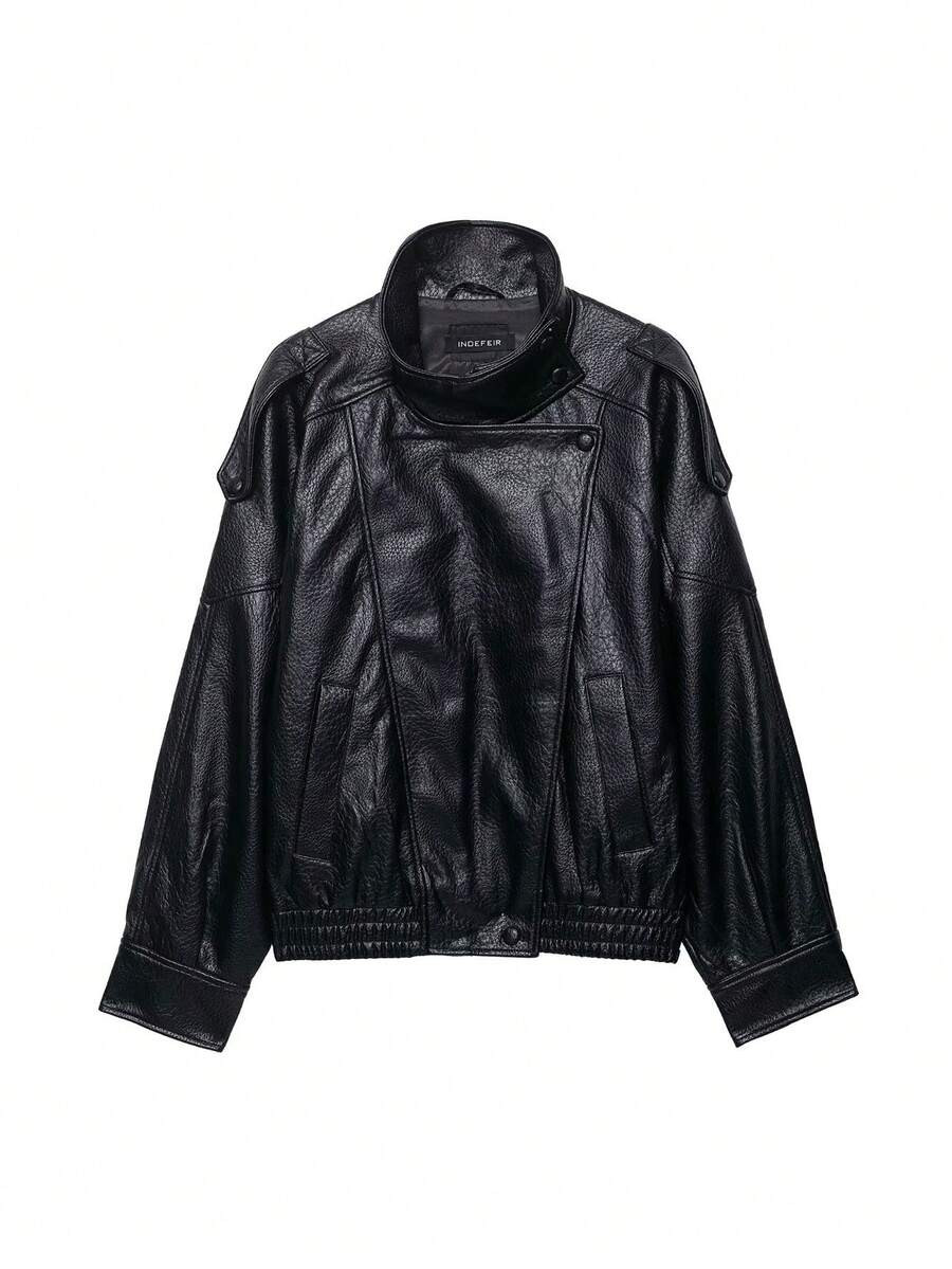 Fashion Women's Retro Street Motorcycle Imitation Leather Jacket Stand Collar Zipper Winter Women... | SHEIN