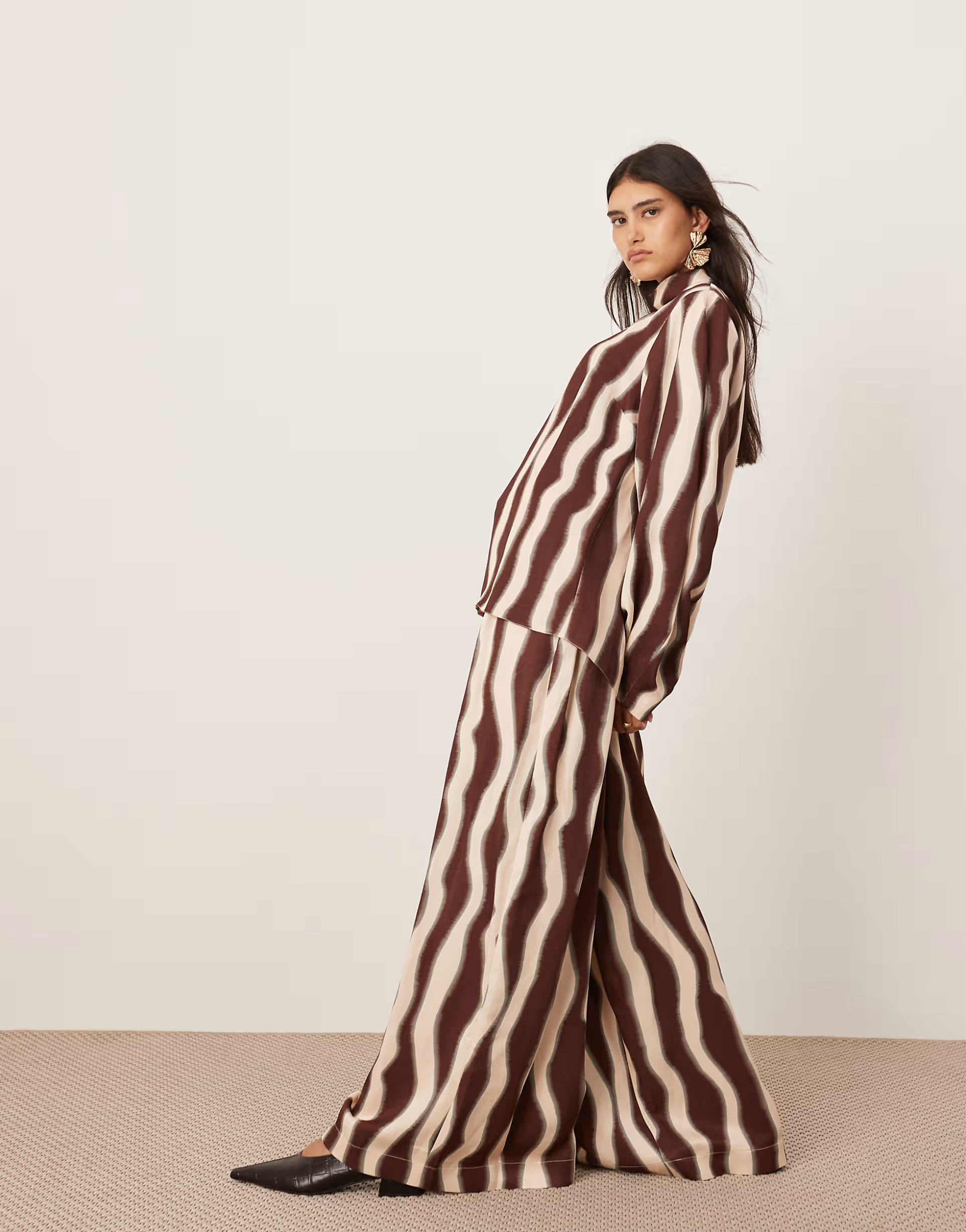 ASOS EDITION super wide leg drawstring waist in chocolate wavy print - part of a set | ASOS (Global)