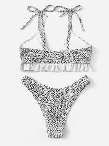 Dot Print Ruffle Top With High Cut Bikini | SHEIN