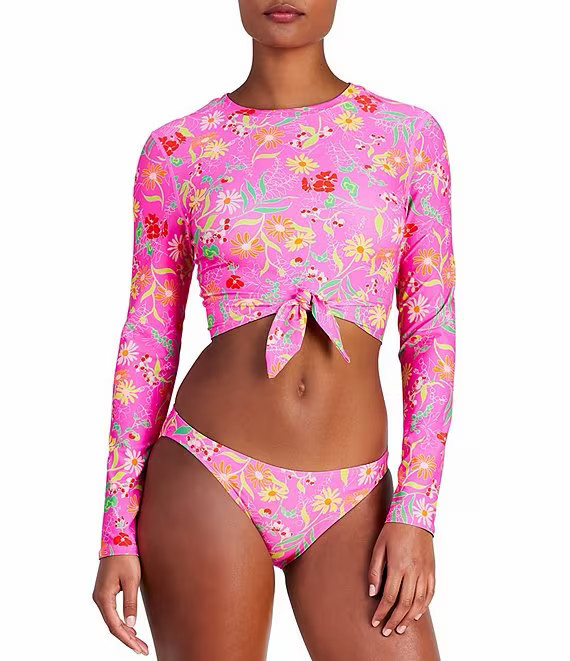 Rooftop Garden Floral Print Cropped Long Sleeve Front Tie Rashguard | Dillard's