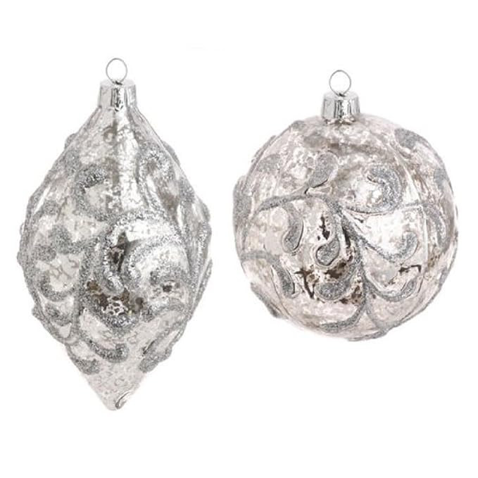 RAZ Imports - 5 Inch Pressed Glass Mercury Silver Ball and Finial Ornaments - Set of 2 | Amazon (US)