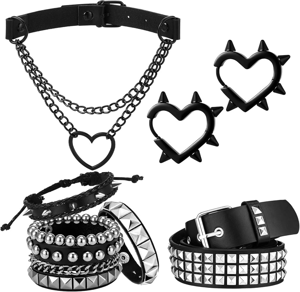 7 Pcs 80s Gothic Punk Rock Outfit Accessories for Women Men Emo Bracelets Leather Studded Bracele... | Amazon (US)
