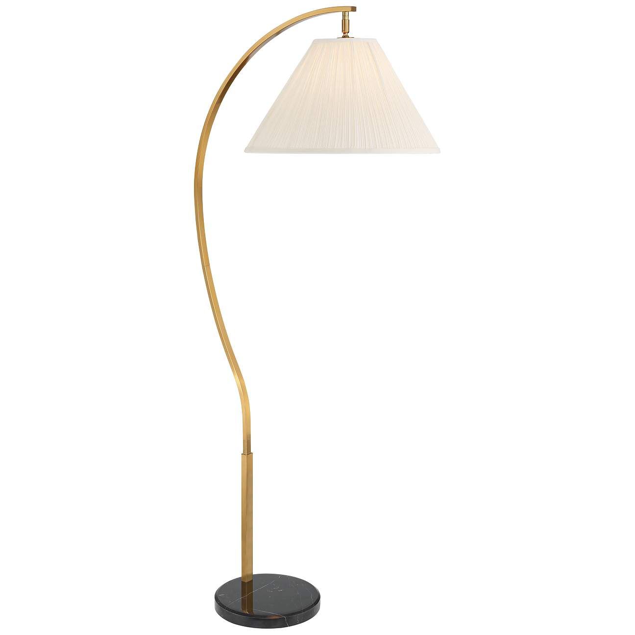 Possini Euro Sway Warm Gold Chairside Arc Floor Lamp with Black Marble Base | Lamps Plus