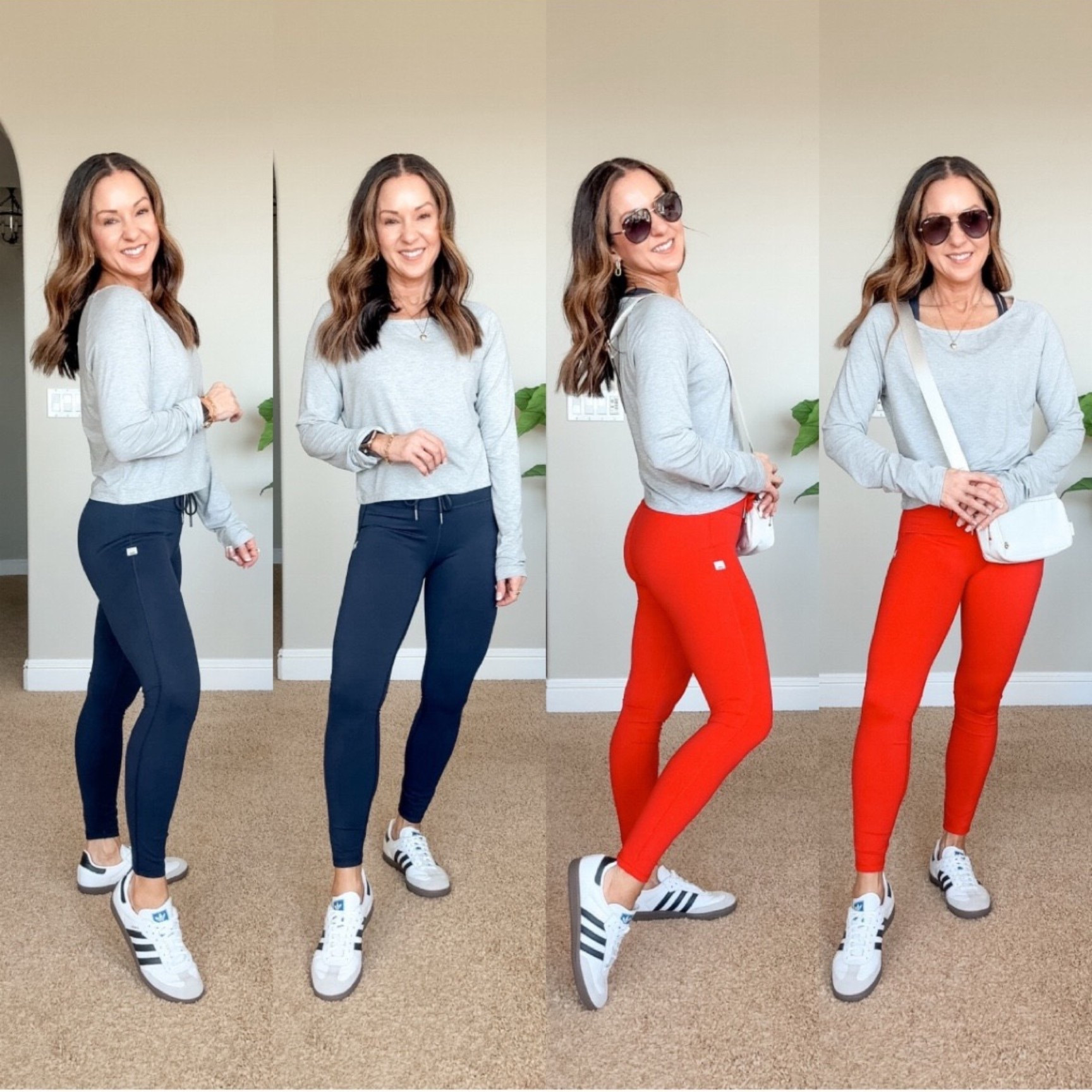 Amazon Designer Inspired Activewear. For ref: I'm 5'1, 109lbs. Tie waist leggings wearing XS 25" in navy & red. cropped lightweight long sleeve tee XS in grey (i sized up to a medium to cover my stomach).  Cross strap sports bra small in navy. No show socks. sambas size 6 kids, usually 7 womens.

#LTKActive #LTKootd #LTKSeasonal