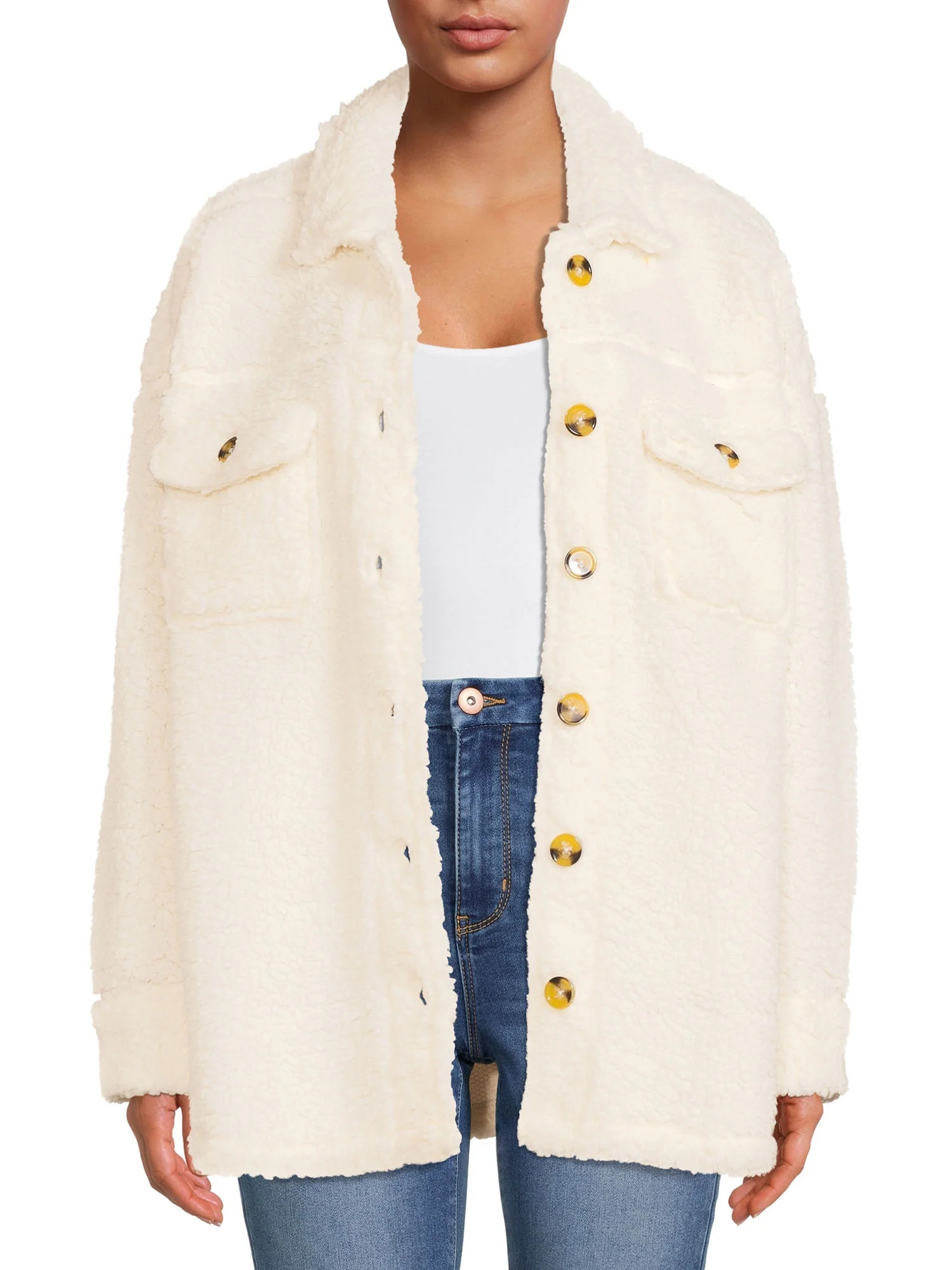 No Boundaries Juniors' Faux Sherpa Shacket - Walmart.com | Walmart (US)