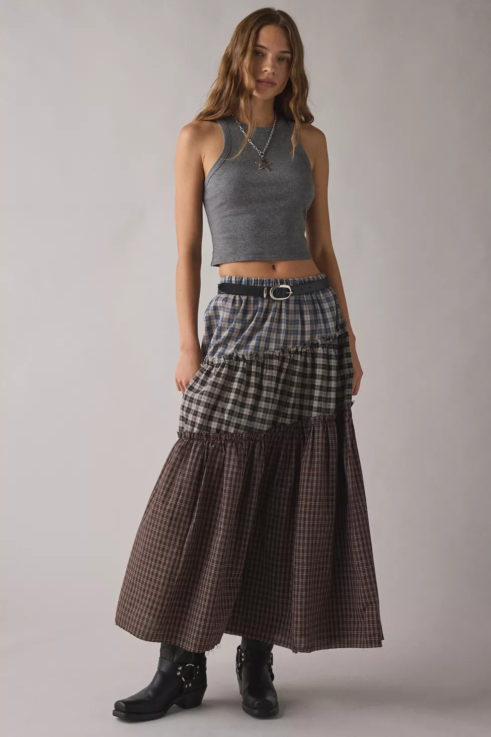 Daisy Street Lula Patchwork Plaid Tiered Maxi Skirt | Urban Outfitters (US and RoW)