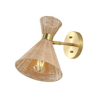 Zoey 10 in. 1-Light Light Brown/Brass Gold Wall Sconce Mid-Century Vintage Retro Rattan/Metal LED... | The Home Depot