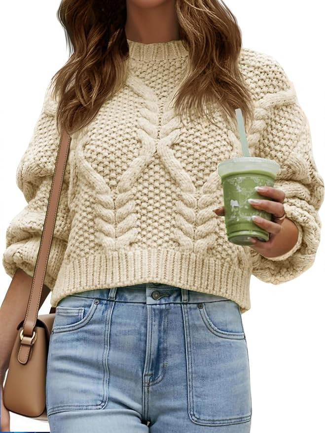 Saodimallsu Womens Cable Knit Cropped Sweater Fall Chunky Puff Long Sleeve Crewneck Loose Casual ... | Amazon (US)
