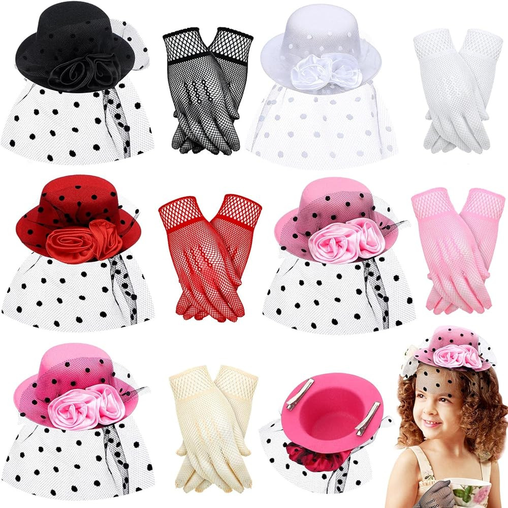 Chunyin 10 Pcs Girls Tea Party Hats for Girls Mini Hat Hair Clip Fascinator Veil Mesh Hat and Glo... | Amazon (US)