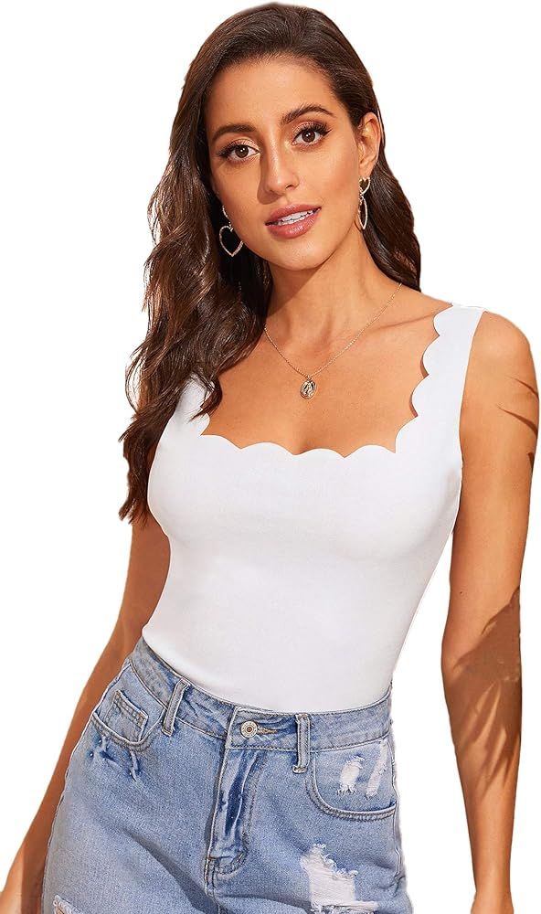 SweatyRocks Women's Square Neck Scallop Trim Cami Tank Top Solid Sleeveless Shirts | Amazon (US)