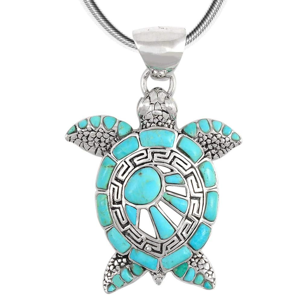 Turquoise Network Turtle Pendant Necklace 925 Sterling Silver Genuine Gemstones 20" Chain | Amazon (US)