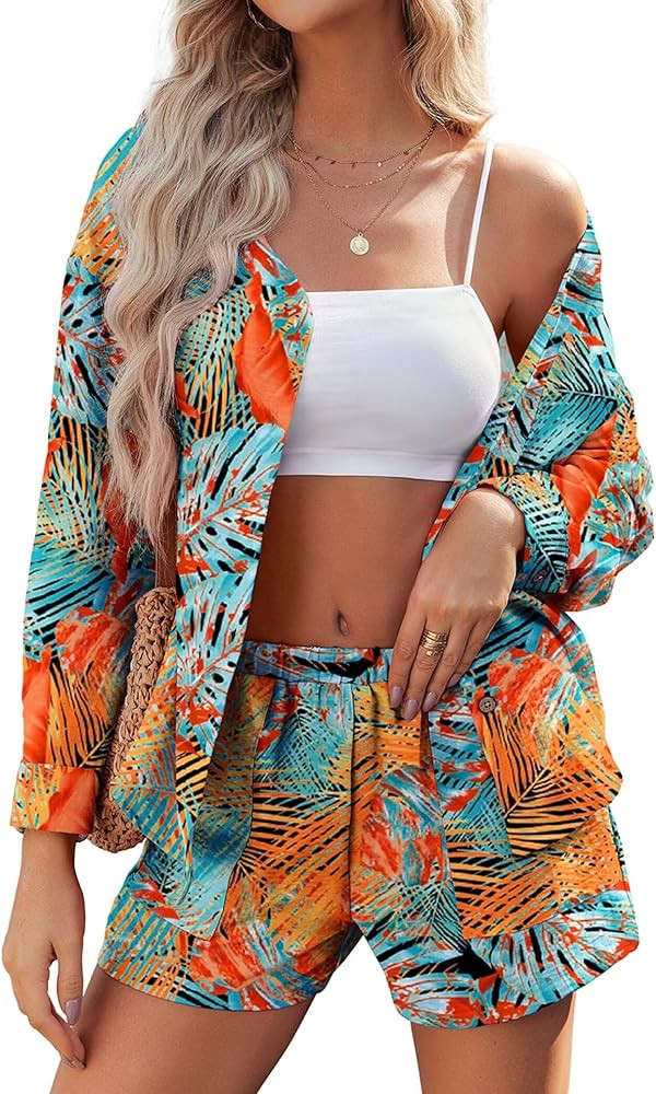 Ekouaer Womens Hawaiian 2 Piece Outfits Long Sleeve Button Down Shirt and Shorts Tracksuit Lounge... | Amazon (US)