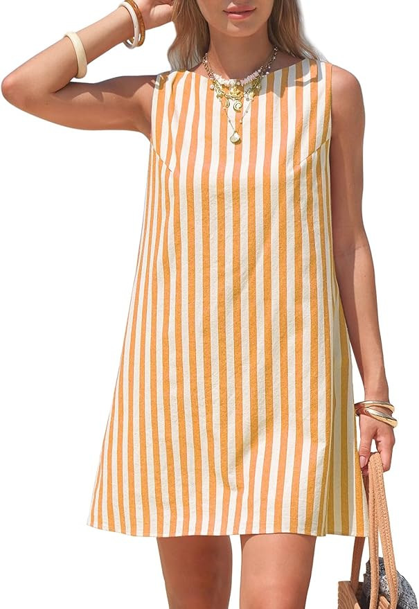 EXLURA Women Summer 100% Cotton Faux Linen Dresses Sleeveless Striped A-Line Mini Sundress Beach ... | Amazon (US)