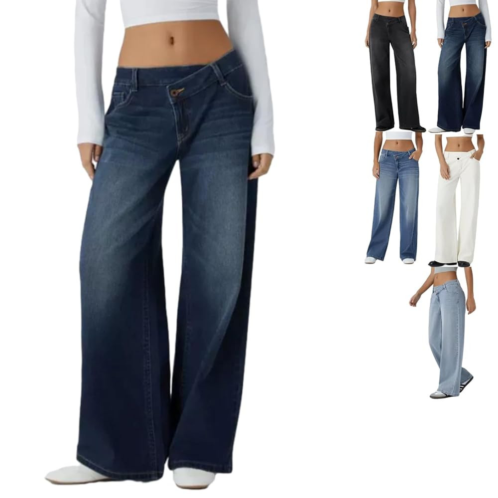 Asymmetric Low Rise Zipper Pockets Baggy Wide Leg Washed Jeans Crossover Wide Straight Leg Casual... | Amazon (US)