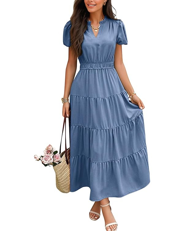 ECOWISH Womens Midi Dress Summer Spring Short Sleeve Button Front Casual A Line Maxi Shirt Dresse... | Amazon (US)