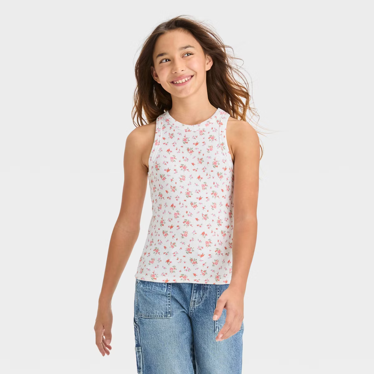 Girls' High Neck Ribbed Tank Top - art class™ White Floral S | Target