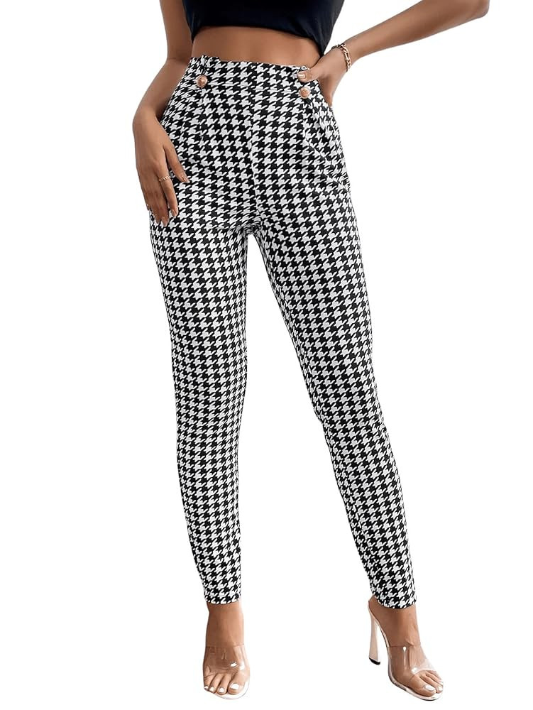 SweatyRocks Women's High Elastic Waisted Plaid Leggings Wide Waistband Stretchy Skinny Work Pants | Amazon (US)