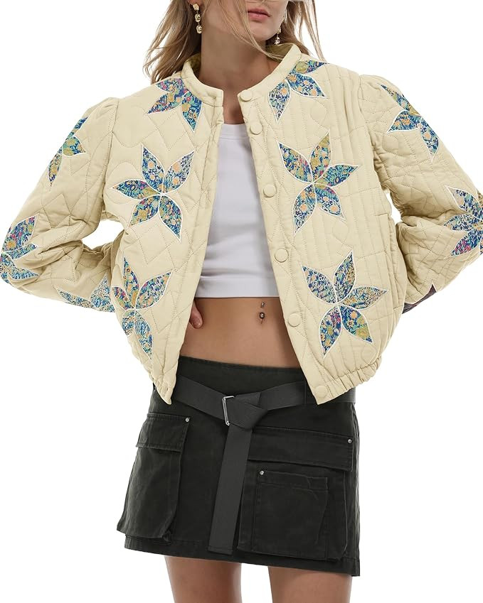 Women Lightweight Floral Embroidered Quilted Jacket Winter Coat | Floral Embroidered, Fall Fashio... | Amazon (US)