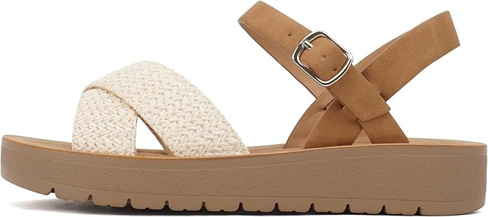 Soda CHESTER ~ Women Flat Sandals Flatform Ankle Buckle Criss Cross Band Straps Sandals Shoes | Amazon (US)